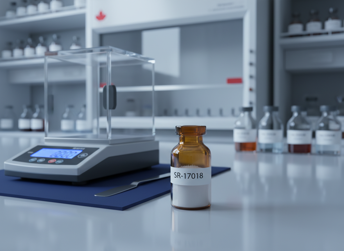 A meticulously organized laboratory bench showcasing a small amber glass vial labeled “SR-17018” beside a calibrated microbalance and a stainless-steel spatula. The vial’s smooth glass surface reflects soft, cool-toned studio lighting, highlighting the clarity of the label text and the crystalline powder inside. In the background, slightly out of focus, are neatly arranged reagent bottles and a clean white fume hood, reinforcing a controlled Canadian research environment. Photographic realism, shot at eye level with a shallow depth of field, creates a professional, trustworthy mood. The composition uses the rule of thirds, placing the SR-17018 vial prominently while subtle reflections on the polished lab bench add depth and a modern, clinical aesthetic.